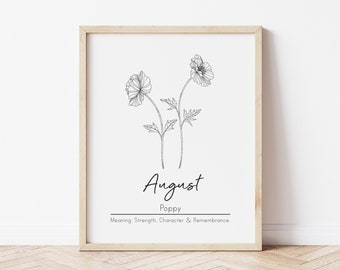 August Birth Month Flower, Poppy Flower, Printable Wall Art, Digital Wall Art, August Birthday, Botanical Art, Personalized Gift