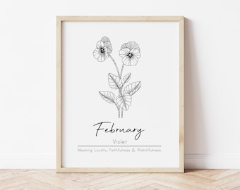 February Birth Month Flower, Violet Flower, Printable Wall Art, Digital Wall Art, February Birthday, Botanical Art, Personalized Gift