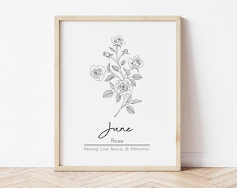 June Birth Month Flower, Rose Flower, Printable Wall Art, Digital Wall Art, June Birthday, Botanical Art, Personalized Gift, Flower Meaning