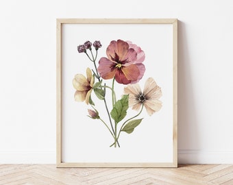 Ramo violeta de acuarela, ramo de pensamiento de acuarela, arte de pared imprimible, arte de pared digital, decoración del hogar, colgante de pared, arte violeta, arte pansy