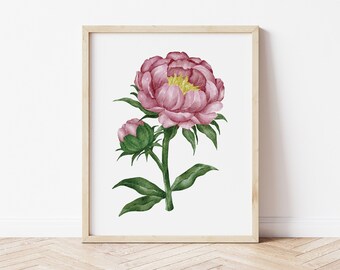 Pivoine aquarelle, Art mural imprimable, Art mural numérique, Décoration maison pivoine, Floral rose, Art mural printanier, Fleur de printemps, Art botanique, Jardin