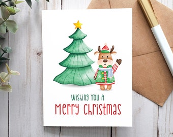 Wishing You A Merry Christmas, Printable Card, Digital Card, Greeting Card, Christmas Card, Holiday Card, Reindeer, Red And Green, Cute Card