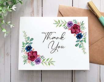 Carte de remerciement florale, carte imprimable, carte numérique, carte de voeux, cadeau de remerciement, carte de remerciement de mariage, carte élégante, violet, rose, marine