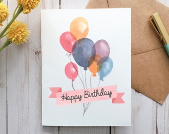 Happy Birthday Card, Watercolor Birthday Card, Balloon Birthday Card, Printable Card, Digital Card, Card For Her, Greeting Card, Party Card