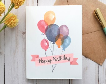 Happy Birthday Card, Watercolor Birthday Card, Balloon Birthday Card, Printable Card, Digital Card, Card For Her, Greeting Card, Party Card