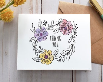 Carte de remerciement florale, carte imprimable, carte numérique, carte de voeux, carte de printemps, carte de correspondance, fleurs pastel, cadeau de remerciement, carte pour elle