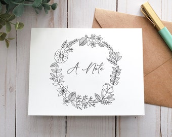 Une carte imprimable de note. Carte de voeux. Carte numérique. Carte simple. Carte de note noire. Carte minimaliste. Carte de couronne florale.