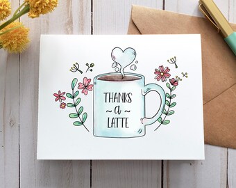 Carte imprimable Thanks A Latte, carte numérique, carte de voeux, carte de remerciement, carte de café, carte-cadeau, carte de remerciement. Carte pour elle