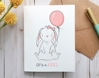 C'est une carte de lapin de fille, carte imprimable, carte numérique, carte de voeux, carte de douche de bébé, carte de bébé fille, nouveau bébé fille, sexe révèlent, lapin