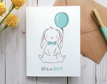 It's A Boy Bunny Card, Printable Card, Digital Card, Greeting Card, Baby Shower Card, Baby Boy Card, New Baby Boy, Gender Reveal, Bunny Card