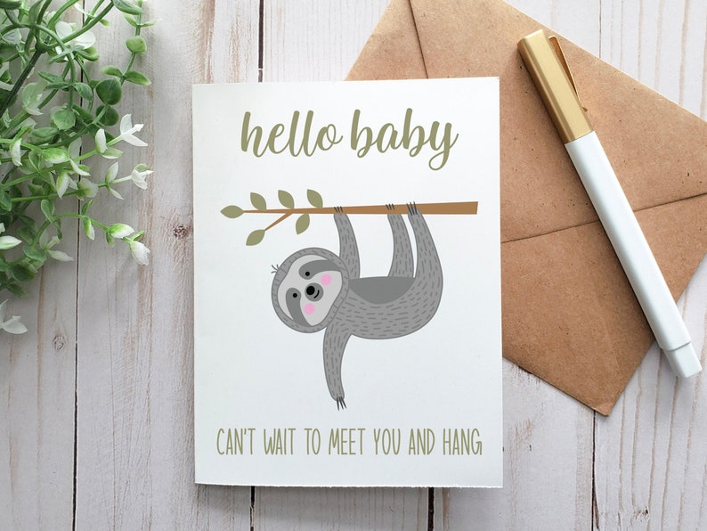 Carte Bonjour bébé paresseux, carte imprimable, carte numérique, carte de voeux, j'ai hâte de vous rencontrer, carte de baby shower, baby shower de paresseux, cadeau de naissance image 1