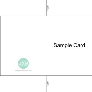 May include: A white rectangular card with the text "Sample Card" in the center. The card has a light teal circular logo in the bottom left corner and the text "www.joyfullittleprints.com" below it. Instructions for folding and cutting are also included.