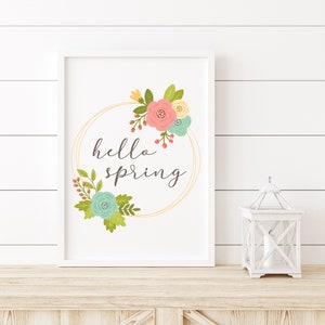 Hello Spring Floral Wreath, Printable Wall Art, Digital Wall Art, Home Decor, Spring Decor, Spring Wreath, Entryway Art, Spring Mantle Decor