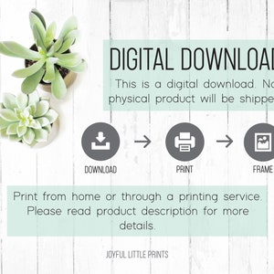 Puede incluir: Gr&aacute;fico de descarga digital con instrucciones sobre c&oacute;mo descargar, imprimir y enmarcar un archivo digital. El texto dice "DESCARGA DIGITAL Esta es una descarga digital. No se enviar&aacute; ning&uacute;n producto f&iacute;sico. DESCARGAR IMPRIMIR MARCO Imprima desde casa o a trav&eacute;s de un servicio de impresi&oacute;n. Lea la descripci&oacute;n del producto para obtener m&aacute;s detalles. JOYFUL LITTLE PRINTS"