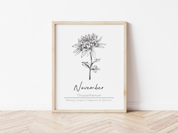 November Birth Month Flower, Chrysanthemum Flower, Printable Wall Art, Digital Wall Art, November Birthday, Botanical Art, Flower Meaning
