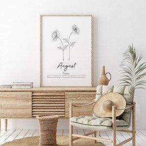Puede incluir: Un dibujo en blanco y negro de dos flores de amapola con el texto "August Poppy Meaning: Strength, Character & Remembrance."