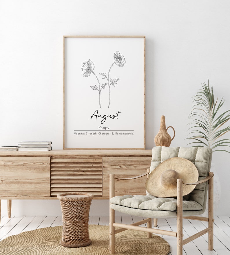 Puede incluir: Un dibujo en blanco y negro de dos flores de amapola con el texto "August Poppy Meaning: Strength, Character & Remembrance."