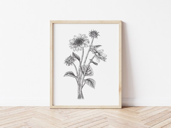 Black and White Sunflower Printable Wall Art Digital Wall - Etsy