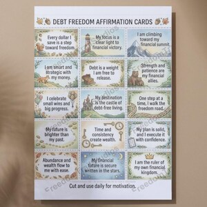 May include: A white card featuring "DEBT FREEDOM AFFIRMATION CARDS" with various affirmations and illustrations. Affirmations include "Every dollar save is a step toward freedom" and "My financial future is secure written in the stars."