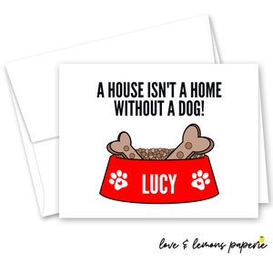 Nueva tarjeta para perros y cachorros - Cuenco para perros con personalizable con nombre de perro, múltiples colores y opciones de mensaje de portada - Interior en blanco