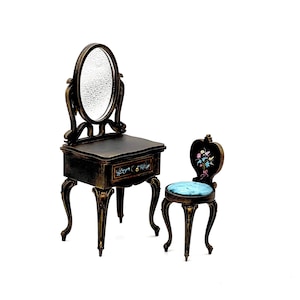 1:6 dressing table with mirror, beauty table and stool, miniature vanity table for doll, bedroom roombox