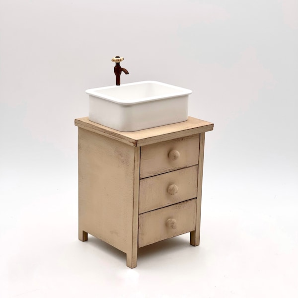1:6 sink cabinet for doll, miniature sink with faucet, dollhouse nightstand for roombox, wooden dresser with 3 drawers, bathroom vanity