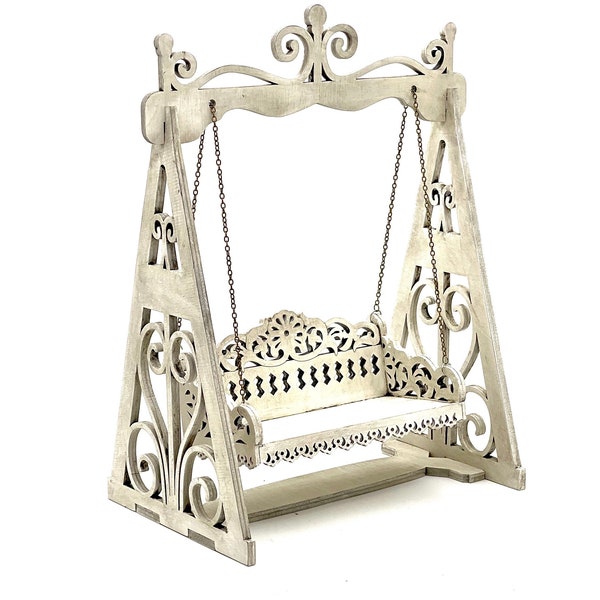 Miniature Garden Swing, Distressed White Dollhouse Furniture, 1/6 Scale