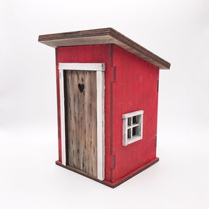 Miniature wooden rustic dollhouse, vintage outhouse, Findus house, red dollhouse
