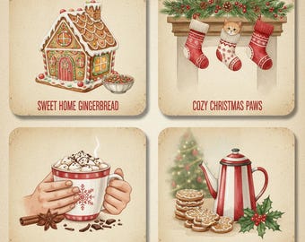 May include: Four square images with a Christmas theme. One shows a gingerbread house with the text "SWEET HOME GINGERBREAD". Another shows three Christmas stockings and a cat with the text "COZY CHRISTMAS PAWS". A mug of hot cocoa with the text "HOT COCOA & HOLIDAY CHEER". A teapot and cookies with the text "BAKING SPIRITS BRIGHT".