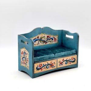 1:6 miniature couch for doll, vintage folk art bench, dollhouse sofa, rosemaling doll furniture