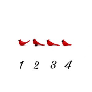 Puede incluir: Cuatro figuritas de p&aacute;jaros cardenal rojo en fila, numeradas del 1 al 4. Los p&aacute;jaros est&aacute;n mirando hacia la derecha y tienen ojos y picos negros.