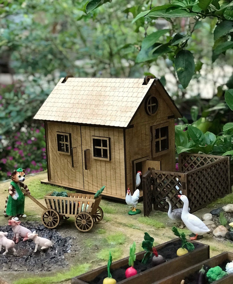 Miniature Wooden Play Chicken Coop Dollhouse Farm Play Set Etsy