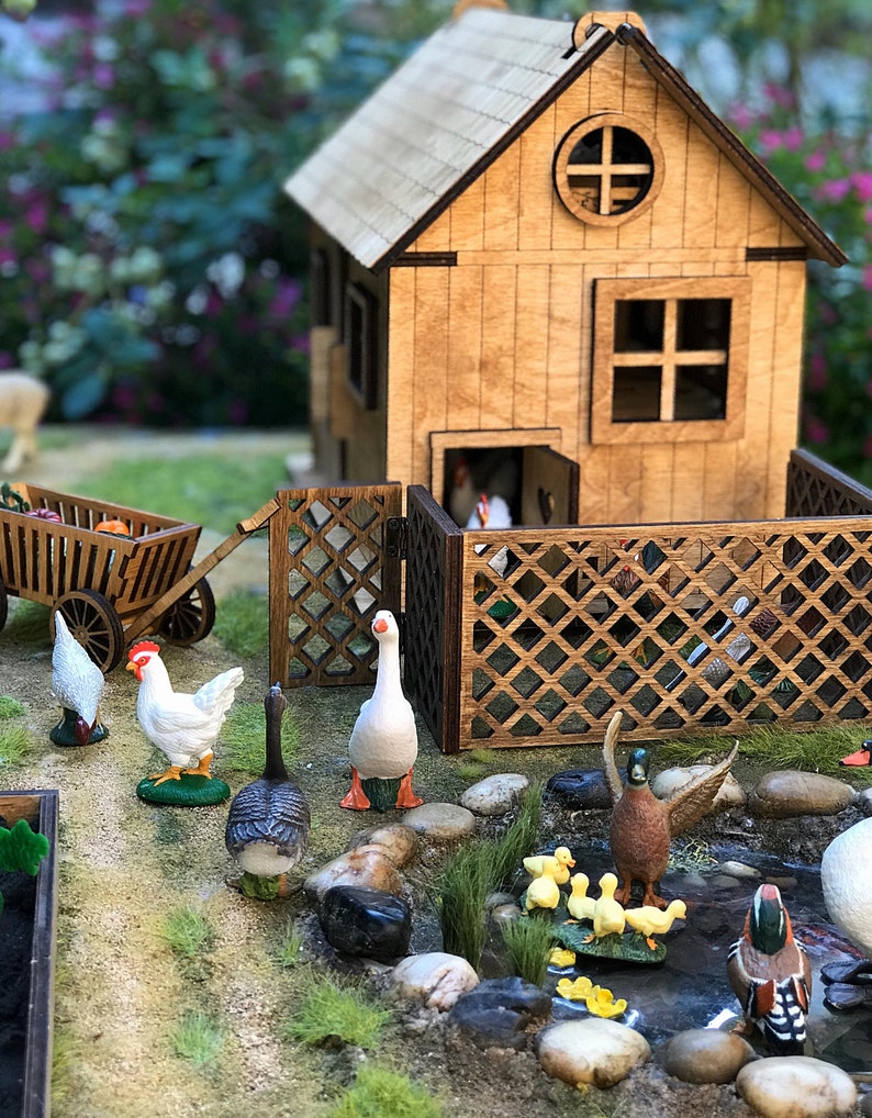 Miniature Wooden Play Chicken Coop Dollhouse Farm Play Set Etsy