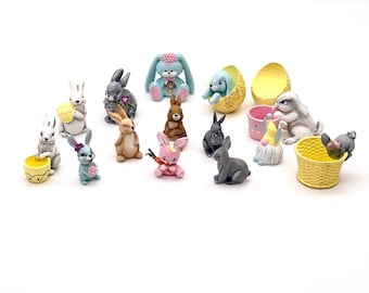 1:12 miniature Easter bunny pull up toy,  vintage bunny on wheels, bunny with egg basket, toy for doll