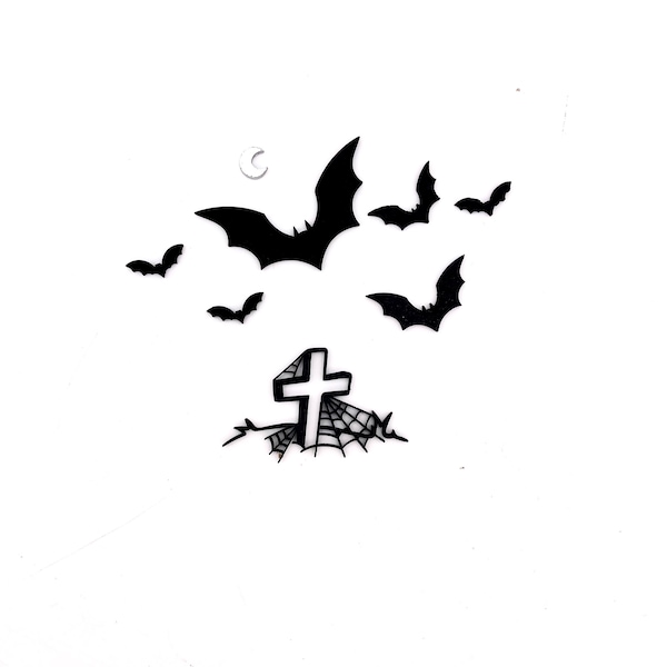 Miniature set black bats and cross, Halloween dollhouse decoration, doll haunted house decor, wall hanger bats