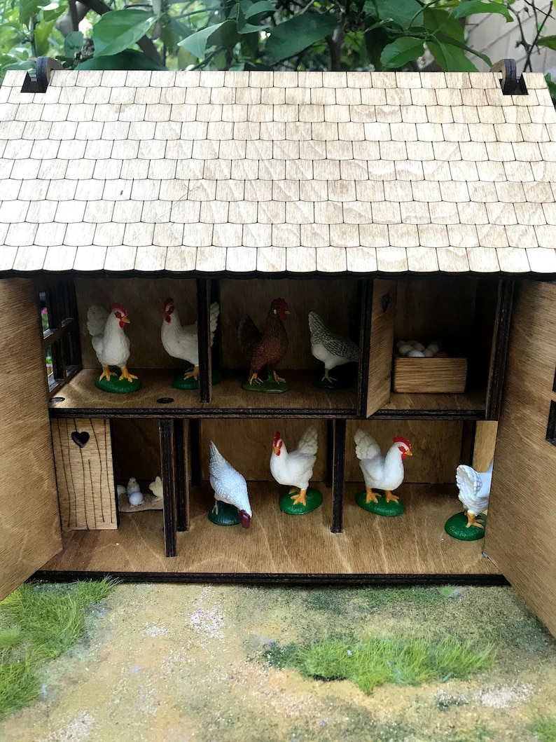 Miniature Wooden Play Chicken Coop Dollhouse Farm Play Set Etsy
