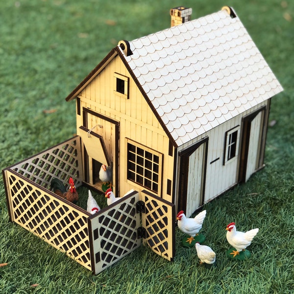 Wooden toy chicken coop, DIY play farm kit, pretend play for kids, Pettson and Findus story, farm play set, 1/12 scale