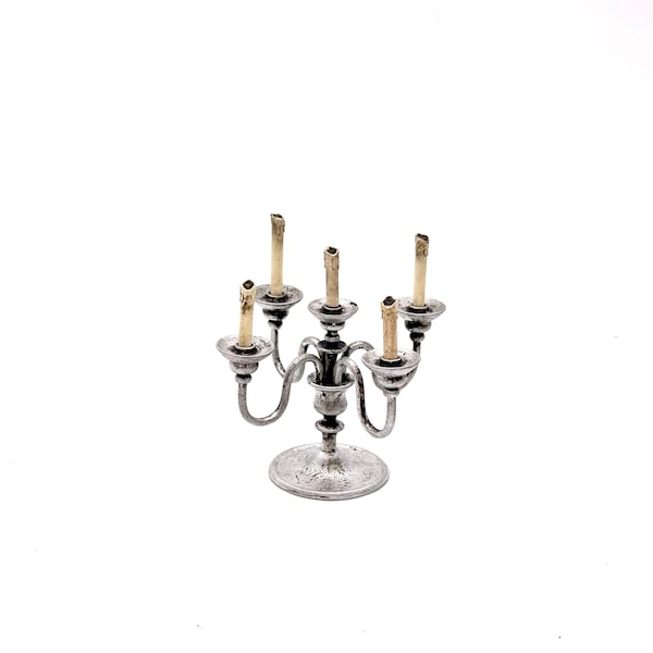 Miniature vintage candelabra with 5 candles, candle holder for mini candles, dollhouse accessories, 3d printed, imitation brass