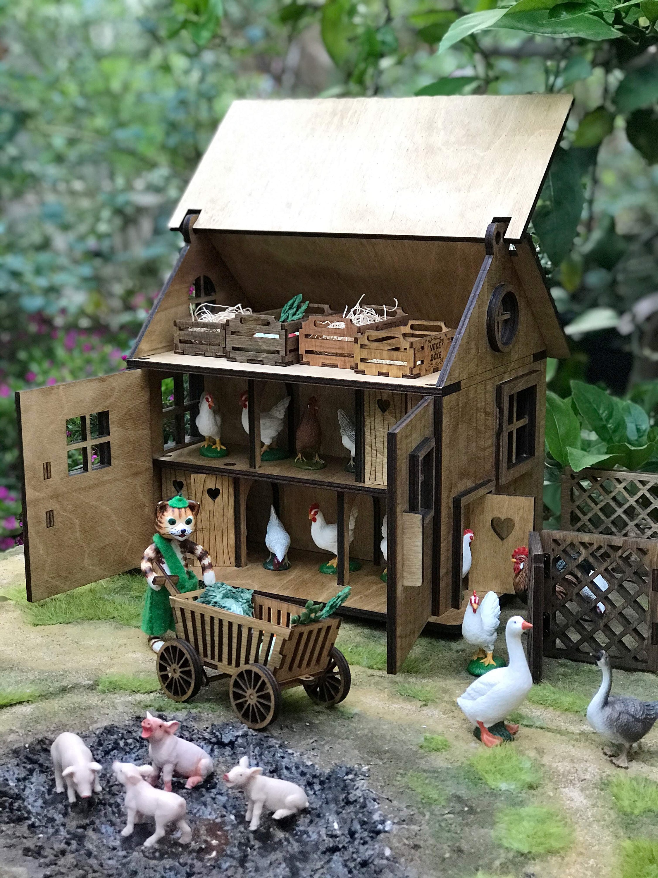 Miniature Wooden Play Chicken Coop Dollhouse Farm Play Set Etsy