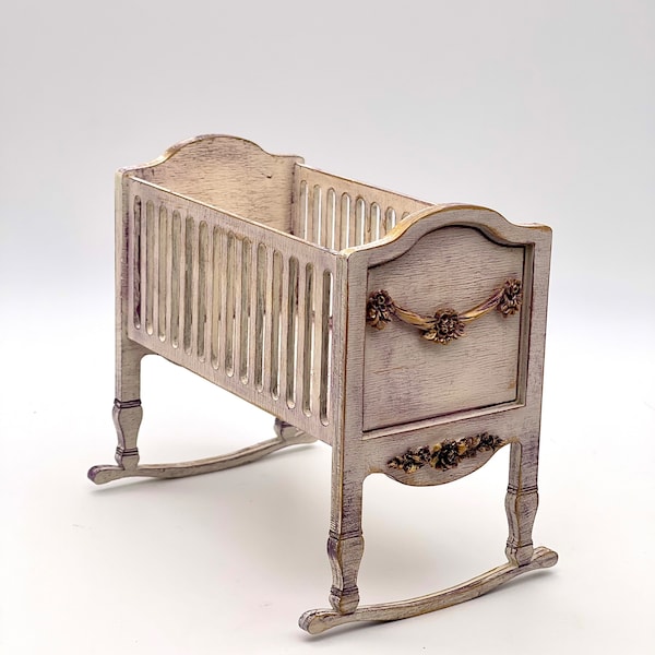 1/8 rocking crib, miniature bed for doll, ob11 crib, warm white-lavender distressed bed, ob11 roombox