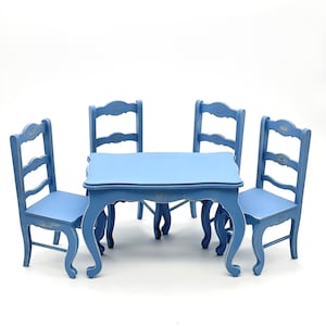 1/6 wooden table and chairs for dollhouse, distressed table for doll, dining set for dollhouse, roombox