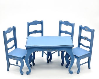 1/6 Scale Dollhouse Dining Set, Distressed Wooden Table and Chairs, Roombox Furniture