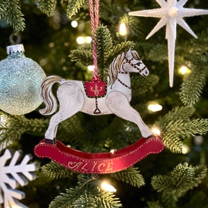 Personalized Christmas horse ornament, wooden rocking horse ornament, first Christmas baby ornament, baby shower Christmas gift
