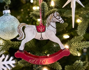 Personalized Christmas horse ornament, wooden rocking horse ornament, first Christmas baby ornament, baby shower Christmas gift