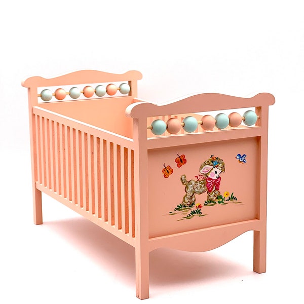 1/8 baby crib and bedding set for doll, miniature dollhouse small bed with beads, mattress and pillow for doll, bed for ob11, 6” doll