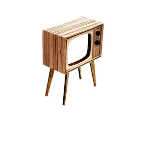May include: A miniature wooden television with a retro design. The TV has a rectangular body with a screen cutout and two knobs. It stands on four slender legs, and the wood grain is visible.