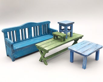 Miniature wooden furniture for dollhouse, distressed blue bench, blue stool, table for doll, scale 1:12