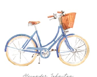 Personalized stationery, 4.25x5.5 folded, bicycle, vintage hand painted illustration, set of 10