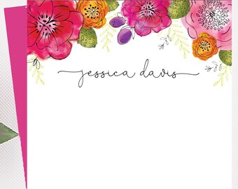 Personalized stationery, 5x7 note cards with fusha envelopes, hand drawn and painted, spring blooms