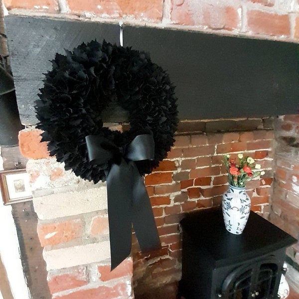 Black Wreath, Small Mourning Wreath, Black Wreath for Front Door, Funeral Wreath, Black Ribbon Mourning, Memorial Gift